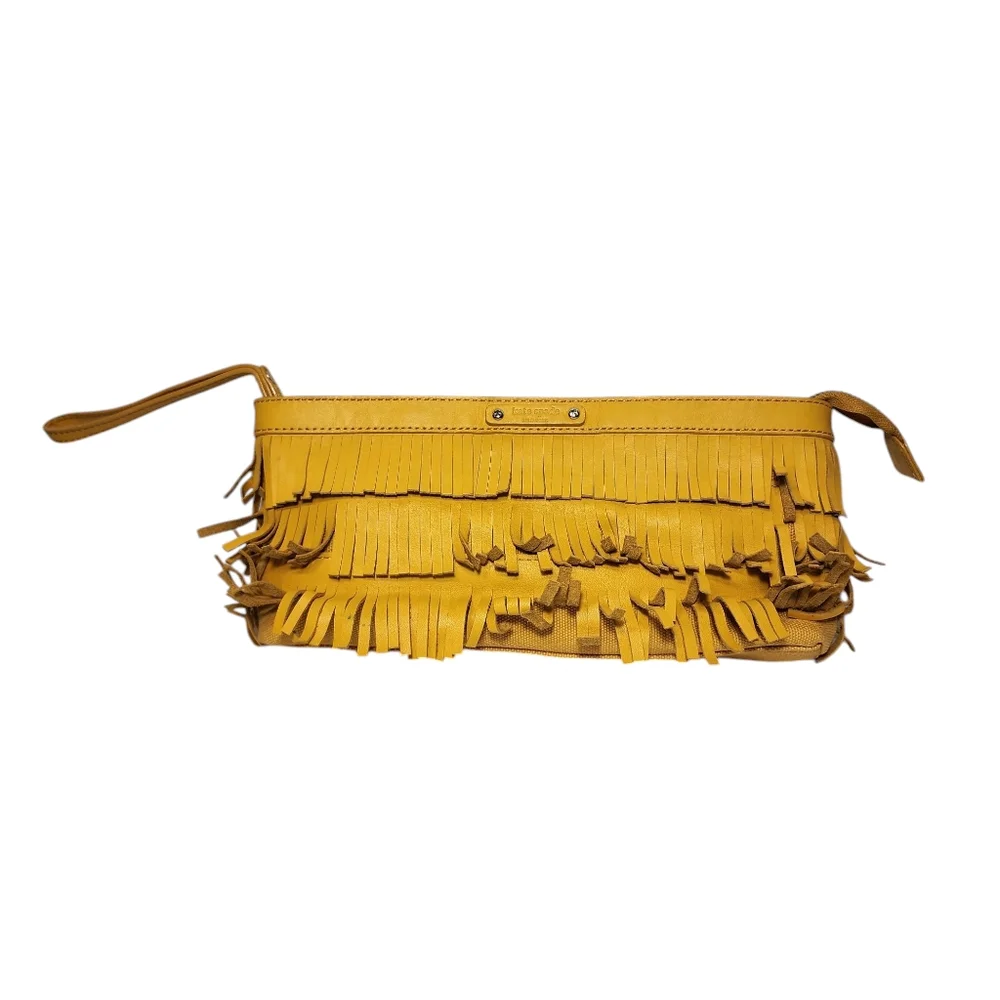 Kate Spade dark yellow fringe leather hippie boho‎ soho clutch wristlet handbag